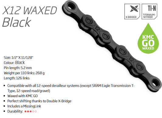 CHAIN - 12 Speed - KMC X12 GO WAX - 126L - BLACK - X-Series - w/Connect Link