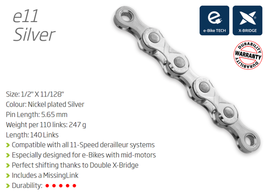 CHAIN - 11 Speed - KMC E11 TURBO - 140L - SILVER - w/Connect Link - (Ebike Chain, higher pin power for e-Bike torque) - (Workshop Packaging)