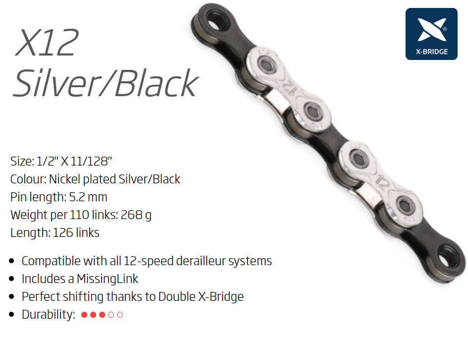 CHAIN - 12 Speed "TRP EVO" Suits other 12 speed drivetrains KMC X12 - 1/2" x 11/128" x 126L - w/Connect Link, Silver/Black,