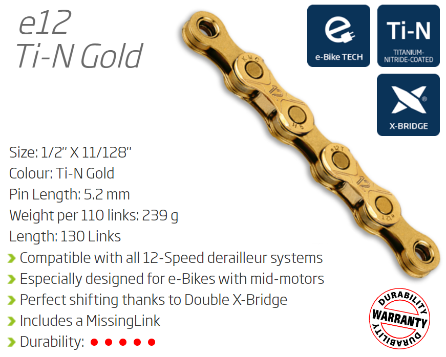 CHAIN - 12 Speed - KMC E12 - 130L - Ti-N GOLD - w/Connect Link - (Ebike Chain, higher pin power for e-Bike torque)