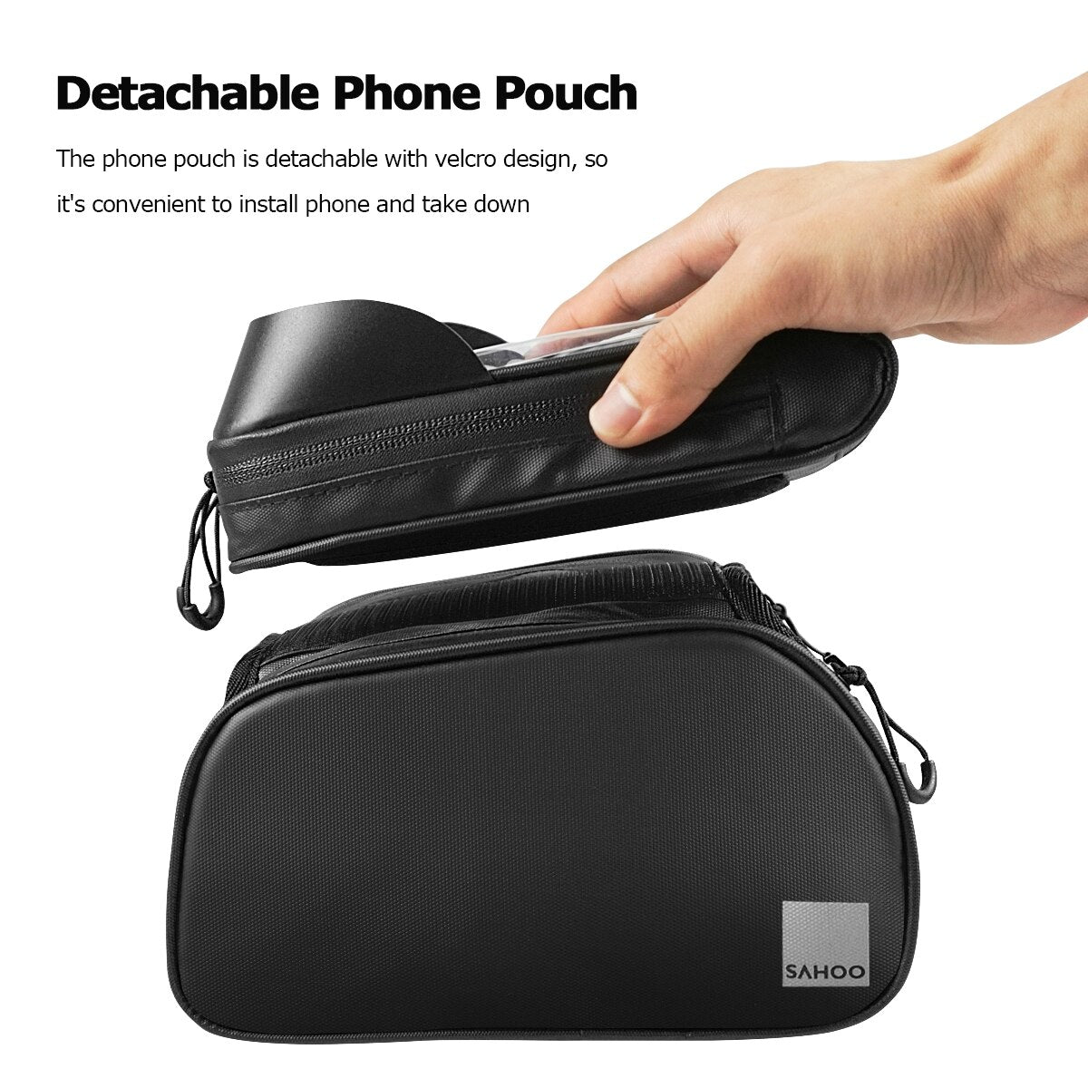 SAHOO Top Bar Bag with Removable Phone Holder, L17/H9/D4cm per pocket. Black , top tube mount, secures w/ 2 velcro straps. 2 main pockets,.