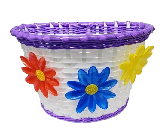 BASKET - Front, Kids, White with Purple Strip & Large Flowers