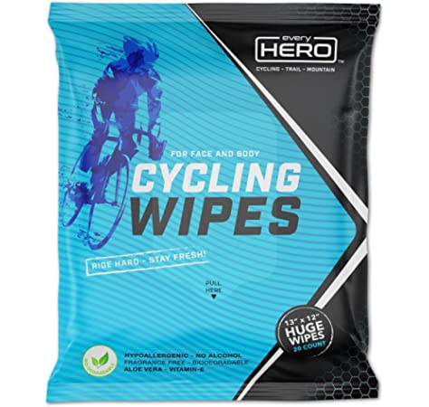 Cycling Wipes, "Every Hero" brand, Resealable pack for the car -qty 20 300 x 300mm "body wash" wipes - be clean and fresh after your ride