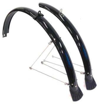 MUDGUARD SET 700c, Front (w/1 x stay) & Rear (w/2 x stays) metal fittings, BLACK (44mm Wide) (Mounting bolts NOT included)
