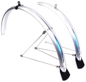 MUDGUARD SET 700c, Front (w/1 x stay) & Rear (w/2 x stays) metal fittings, SILVER (44mm Wide) (Mounting bolts NOT included)