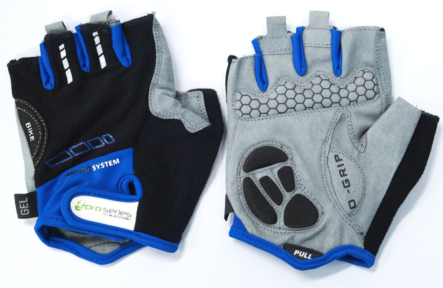 BLACK with BLUE TRIM GLOVES - PRO SERIES, Amara Palm, Lycra Towel with GEL Padding MEDIUM