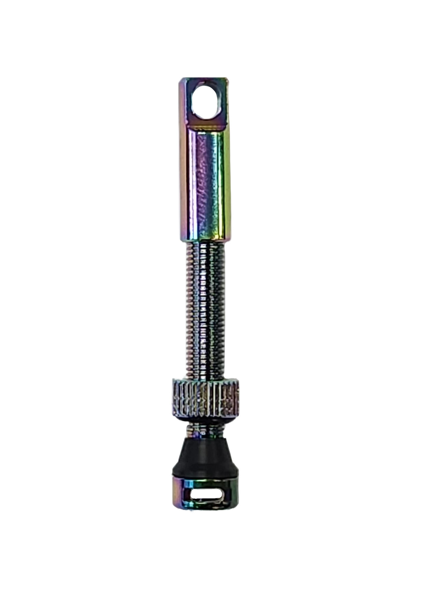 Tubeless Valve, Alloy, Oil slick, patent design with extra side hole, 60mm (Sold Individually) FV/PV - Great valve for use with tyre inserts (Integrated valve removal tool in cover)