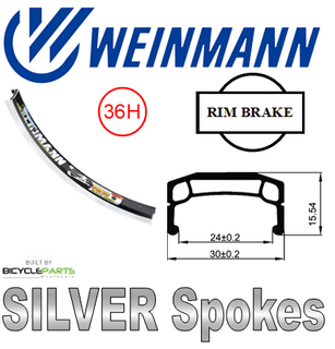 WHEEL - 20" Weinmann DM30 36H P/j Black Rim, FRONT 14mm Nutted (100mm OLD) Sealed TufNeck Black Hub, SILVER Spokes