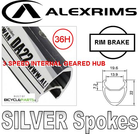 WHEEL - 20" x 1 1/8 Alex DA22 36H S/j Black Rim, 3 SPEED INTERNAL 3/8 Nutted (117mm OLD) Loose Ball Sturmey Silver Hub, Mach 1 SILVER Spokes