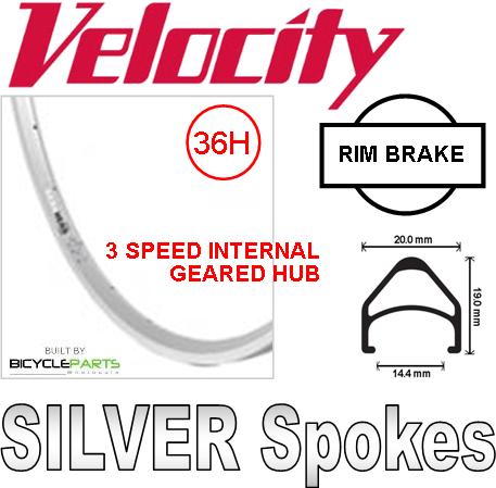 WHEEL - 16" x 1 3/8 Velocity Aero Head 36H Silver Rim, 3 SPEED INTERNAL 3/8 Nutted (117mm OLD) Loose Ball Sturmey Silver Hub, Mach 1 SILVER Spokes