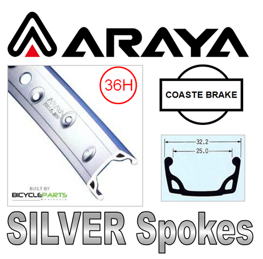 WHEEL - 26" Araya 7X 36H Silver Rim, 1 SPEED COASTER 3/8 Nutted (110mm OLD) Loose Ball Hi-Stop Silver Hub, Mach 1 SILVER Spokes