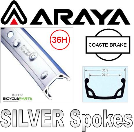 WHEEL 20" JETSET 7X 36H Silver Rim, 1 SPEED COASTER 3/8 Nutted (110mm OLD) Loose Ball Hi-Stop Silver Hub, Mach 1 SILVER Spokes