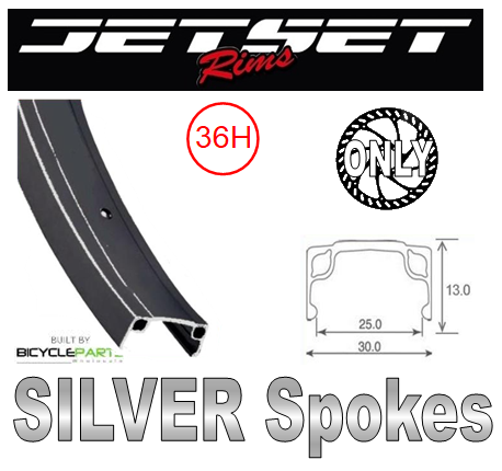 WHEEL - 20" JETSET 7X 36H Black Rim, FRONT Q/R (100mm OLD) 6 Bolt Disc Loose Ball Joytech Black Hub, Mach 1 SILVER Spokes