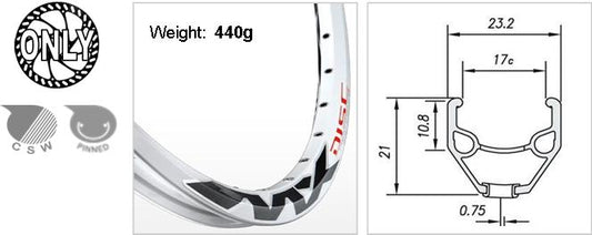 RIM 26" x 17mm - Mach1 MX-Disc - 36H - (559 x 17) - Schrader Valve - Disc Brake - D/W - WHITE - Eyeleted - Made in France - (534mm ERD)