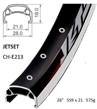 RIM 26" x 21mm - JETSET CH-E213 - 36H - (559 x 21) - Schrader Valve - Rim Brake - D/W - BLACK - Eyeleted - MSW - Quality Jetset rim made in Taiwan - (ERD 543)