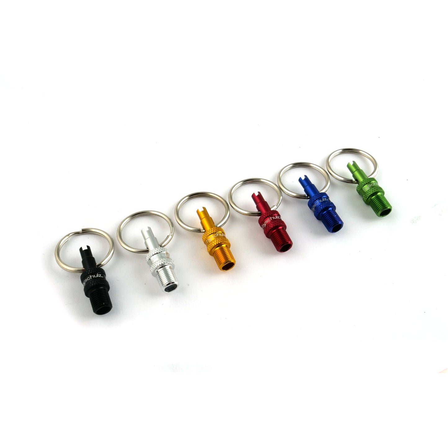 VALVE MULTI TOOL - COUNTER DISPLAY, 60 units 6 assoted colours - (F/V to A/V Converter + A/V & F/V Remover on Keyring) - By,schulz