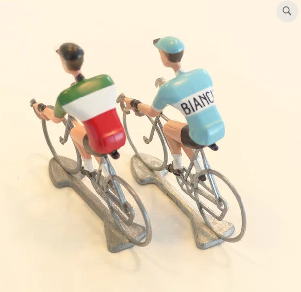 FLANDRIENS Models, 2 x Hand painted Metal Cyclists, Bianchi & Italian jerseys