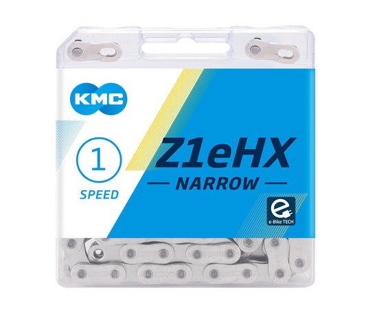 CHAIN - Single Speed - KMC Z1 eHX - 112L - SILVER - w/Connect Link - (Ebike Chain, higher pin power for e-Bike torque)