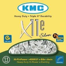 CHAIN - 11 Speed - KMC E11 - 122L - SILVER - w/Connect Link - (Ebike Chain, higher pin power for e-Bike torque)