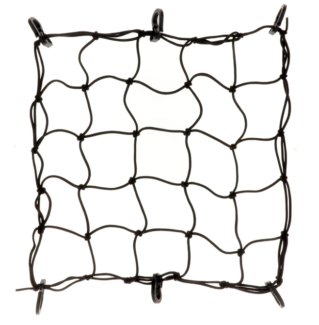 CARGO LUGGAGE NET - Strong elasticated webbing, cord dia: 4mm, 6 PP hooks, 18" x 18", Black