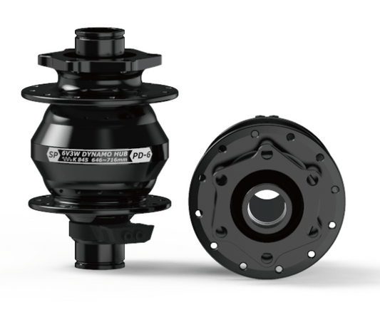 DYNAMO HUB Shutter Precision, PD-6. 6V 3W Output, Front, 32H, 6 Bolt Disc, 15mm x 100mm Thru Axle, BLACK