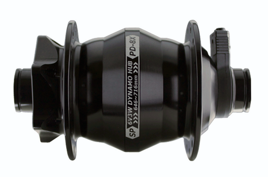 DYNAMO FRONT HUB Shutter Precision, PD-8X-110. 15mm Thru Axle BOOST (110mm OLD) 32H, 6 Bolt Disc, 6V 3W Output, BLACK