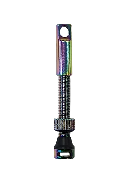 Tubeless Valve, Alloy, Oil slick, patent design with extra side hole, 60mm (Sold Individually) FV/PV - Great valve for use with tyre inserts (Integrated valve removal tool in cover)