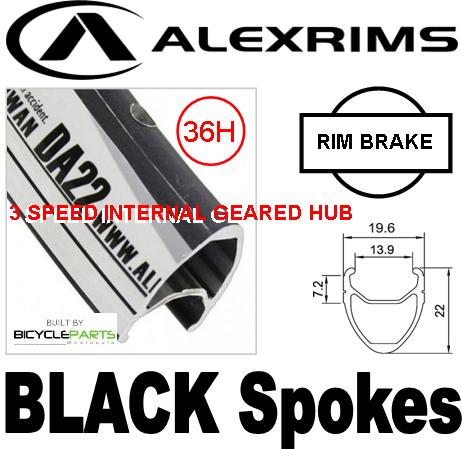 WHEEL - 20" x 1 1/8 Alex DA22 36H S/j Black Rim,  3 SPEED INTERNAL 3/8 Nutted (117mm OLD) Loose Ball Sturmey Silver Hub,  Mach 1 BLACK Spokes
