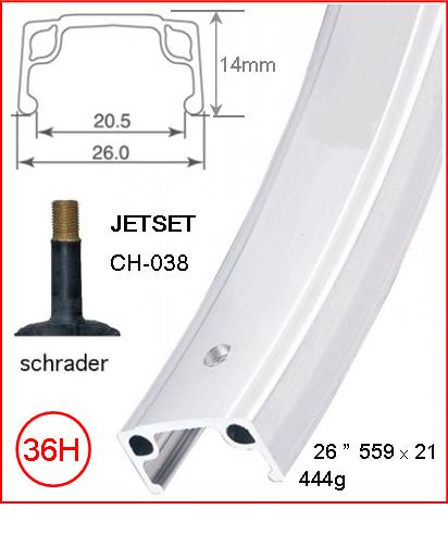 RIM 26" x 21mm - JETSET CH-038 - 36H - (559 x 21) - Schrader Valve - Rim Brake - S/W - SILVER - Quality Jetset rim made in Taiwan - (ERD-546)