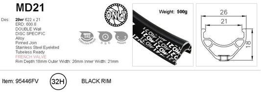 RIM 29er x 21mm - ALEX MD21 - 32H - (622 x 21) - Presta Valve - Disc Brake - D/W - BLACK - Eyeleted - Tubeless Ready
