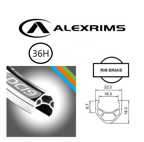 RIM 700c x 16mm - ALEX DC19 - 36H - (622 x 16) - Schrader Valve - Rim Brake - D/W - BLACK - MSW - (ERD595) (Non Eyeleted)