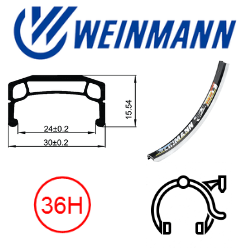 RIM 20" x 24mm - WEINMANN DM30 - 36H - (406 x 24) - Schrader Valve - Rim Brake - D/W -MSW -  BLACK  - ***BLACK ANODIZED M/E*** (396 ERD)
