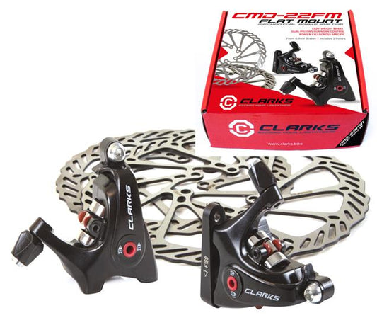 DISC BRAKE set, DUAL PISTON, FLAT MOUNT, MECHANICAL, FRONT & REAR, Road/Hybrid Compatible, Two Disc Brakes + 140mm & 160mm rotors Quality Clarks product