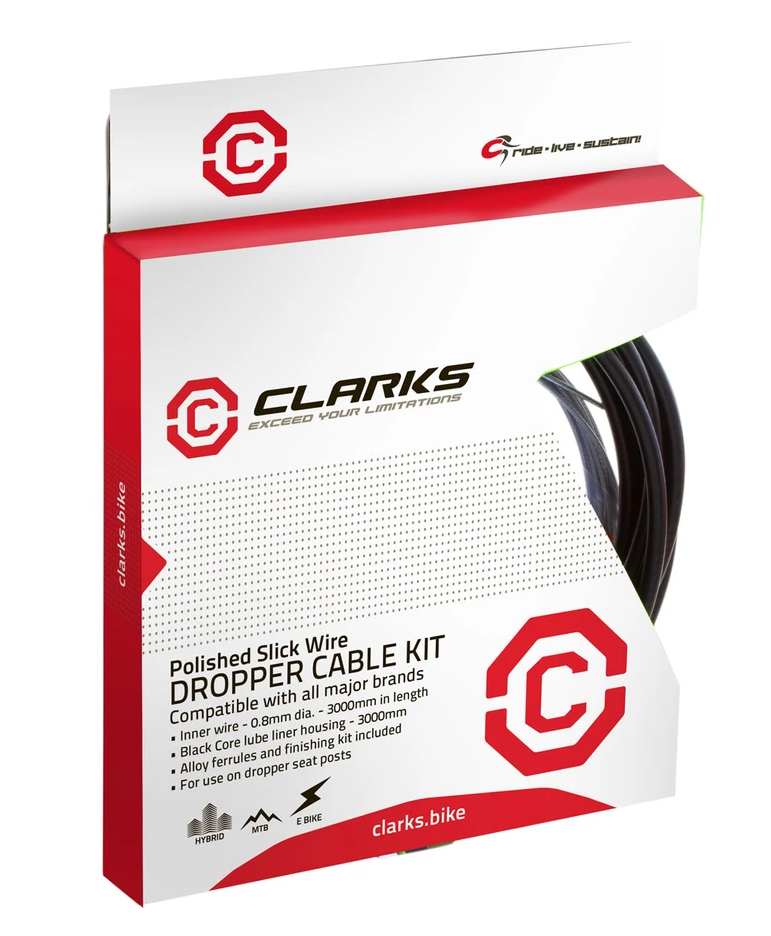 DROPPER CABLE KIT - Dropper cable kit replacement set, Polished die drawn 0.8mm wire, outer casing 4.3mm O.D. 3000mm and ferrules, complete kit. Quality Clarks product