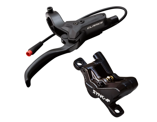 CLARKS E-Bike Hydraulic Disc Brake Set with motor shut off, 4 piston brake system, FRONT & REAR, post mount, 180mm front & 160mm rear rotors, 16mm caliper pistons SYNC-4E (pre-bled)
