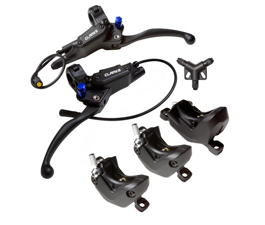 CLARKS Cargo Hydraulic Disc Brake Set shut off, 2 piston, 2X1 Configuration 3x180mm 2.3 rotors compatible for non-ebike