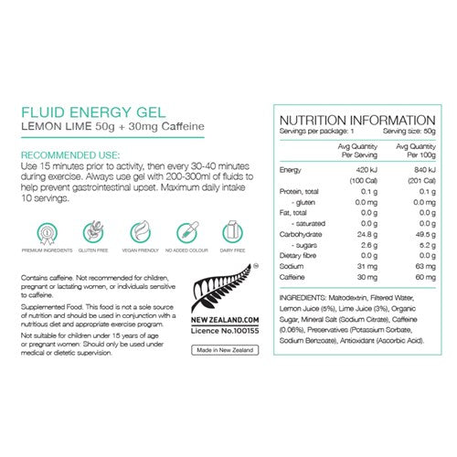 Fluid Energy Gel - Lemon Lime with 30mg Caffeine - 50g - Box of 18