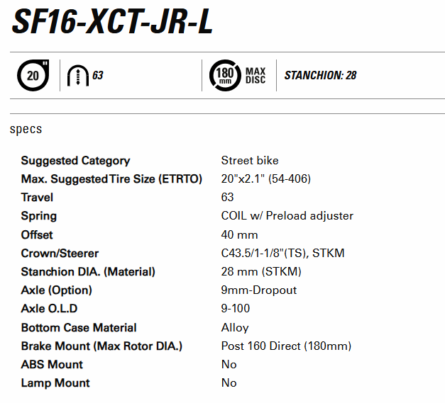 SUSPENSION FORK  20, XCT-JR-L DS 20", travel: 63mm, 9x100mm, COIL SPRING w/Preload adjuster, alloy crown/steerer 1-1/8" stem L:300mm, post mount for 160mm rotor Matt Black