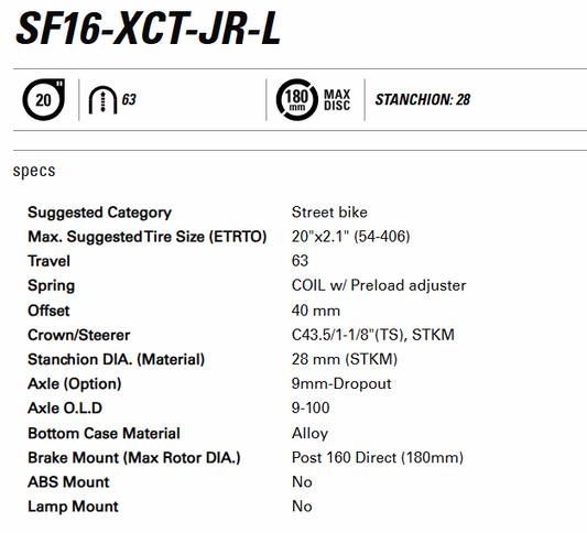SUSPENSION FORK 20, XCT-JR-L DS 20", travel: 63mm, 9x100mm, COIL SPRING w/Preload adjuster, alloy crown/steerer 1-1/8" stem L:300mm, post mount for 160mm rotor Matt Black