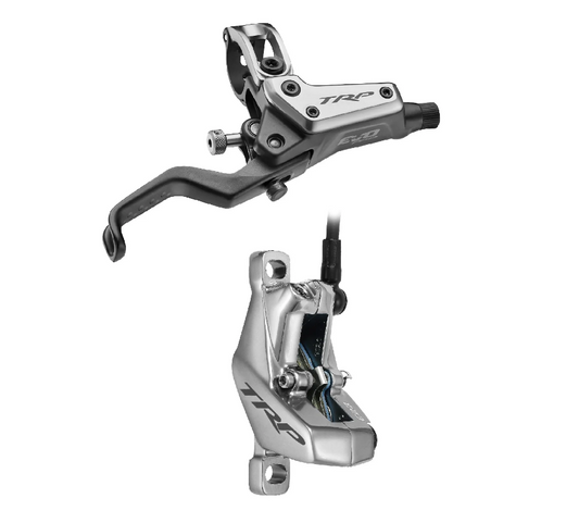 TRP DHR EVO PRO FRONT, Disc brake set, front, for right hand, alloy, hydraulic 4-piston. SILVER/GREY - (Uses 2.3mm Rotor Only - Rotor not included)