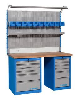 UNIOR Professional Workbench & back board, w/ 2 x chests -professional draws, inc shelf, overhead lighting console, parts trays & hooks L 1500 x W 750 x H 2025mm - 625761 - Tools Sold Separately